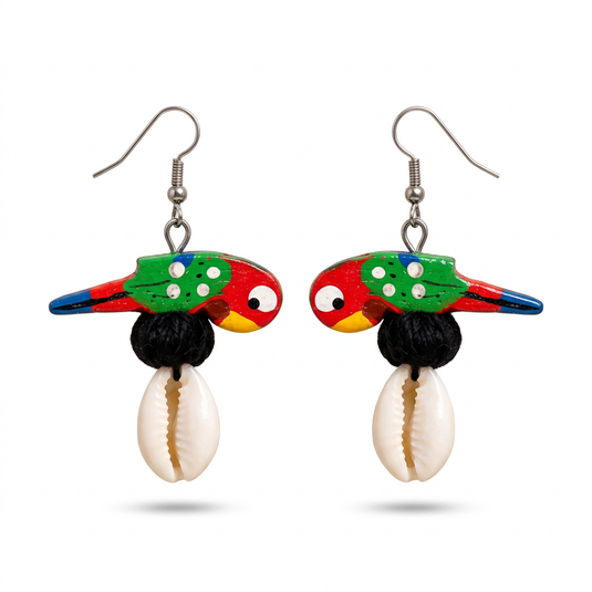 GARIMAS colourful bird charm earrings with black accents and shell drops