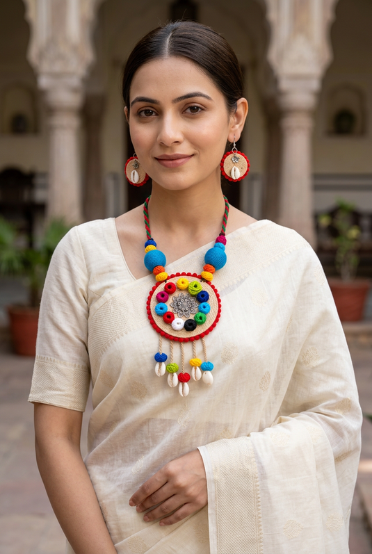 Indian woman wearing GARIMAS multicolour round necklace and matching earrings