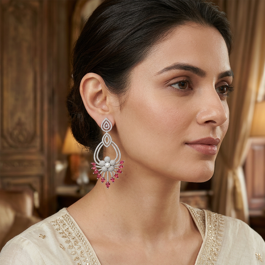 Indian woman in ivory festive attire wearing a GARIMAS pink chandelier earring with floral and teardrop details
