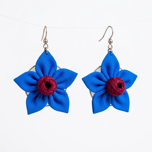 GARIMAS blue fabric flower earrings with red centres
