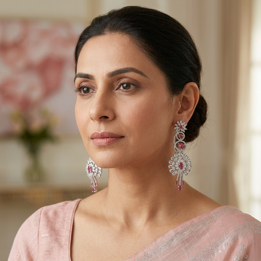 Indian woman wearing GARIMAS pink floral drop earrings with a blush saree.