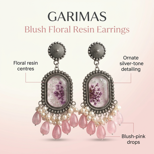 GARIMAS blush pink floral resin earrings infographic showing floral centres, silver-tone detailing and pink drops.