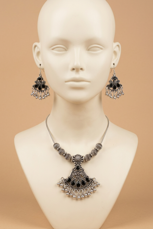 Black & Silver-Tone Necklace and Earrings Set