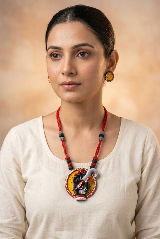 GARIMAS red cord necklace with a yellow hand motif pendant and matching round earrings, worn by a model.