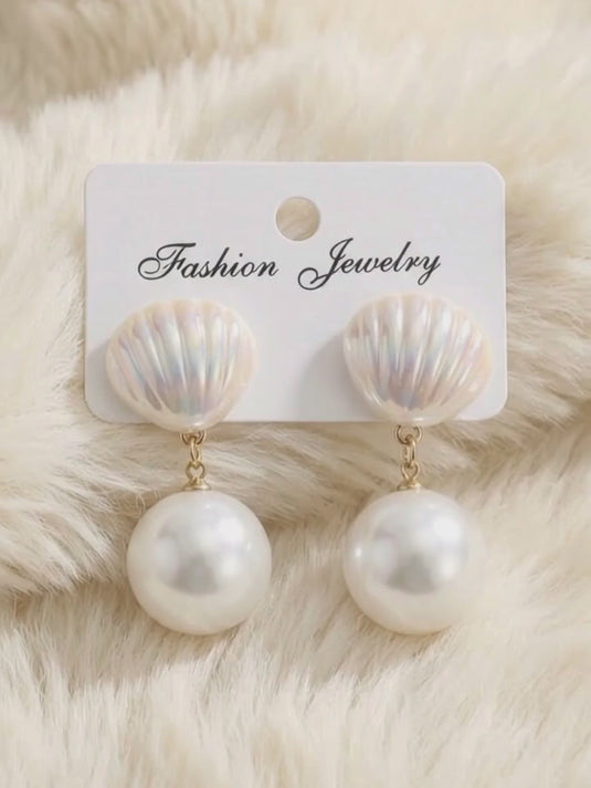 Iridescent Seashell & Faux Pearl Drop Earrings