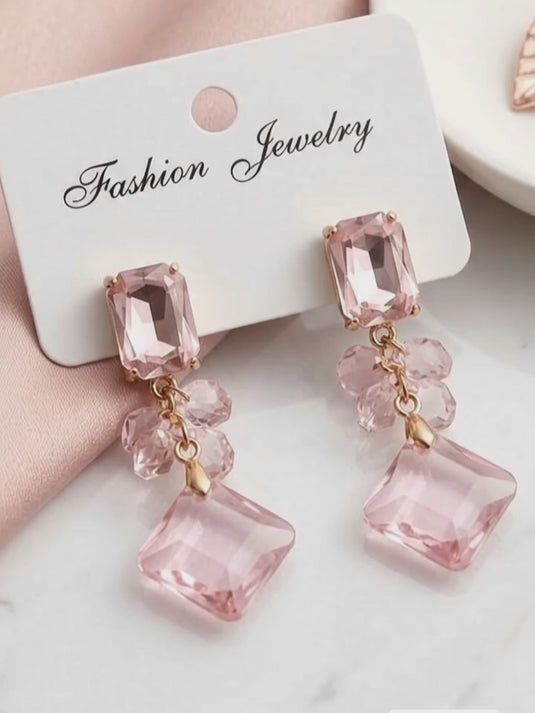Pink Crystal Geometric Drop Earrings for Women