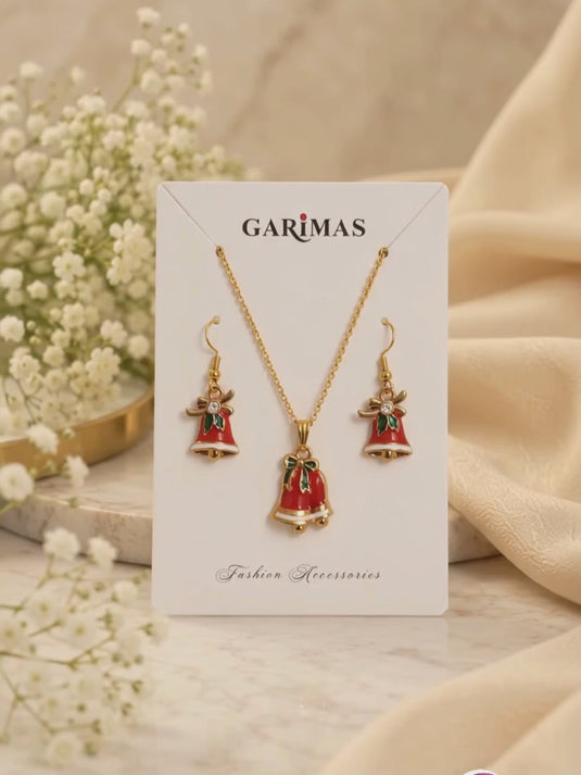 GARIMAS Red Christmas Bell Pendant Necklace and Earrings Set