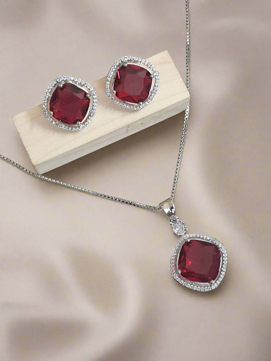 Rhodium-Plated Ruby & CZ Studded Pendant Necklace Set