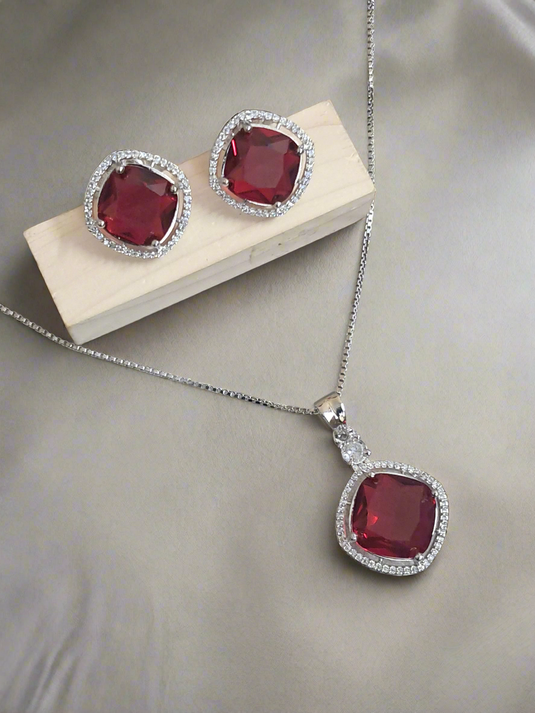 Rhodium-Plated Ruby & CZ Studded Pendant Necklace Set