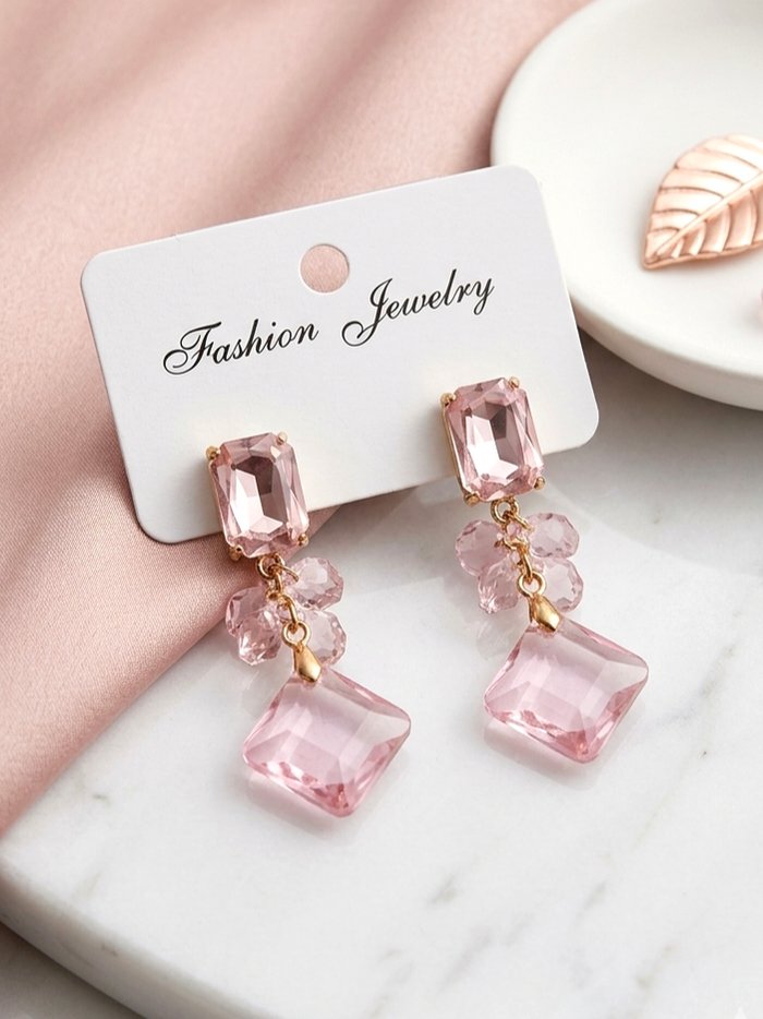 Pink crystal geometric drop earrings for women, statement fashion jewellery by GARIMAS.