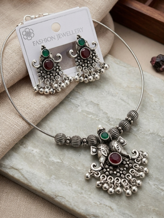 Antique Oxidized Necklace & Earring Set - Red & Green Stones