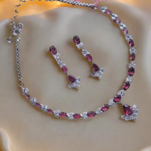 Alternative view of Silver Plated American Diamond Necklace Sets With Pink Stone