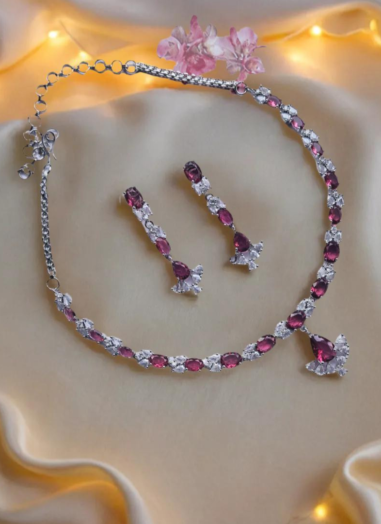 Silver Plated American Diamond Necklace Sets With Pink Stone - Image 2