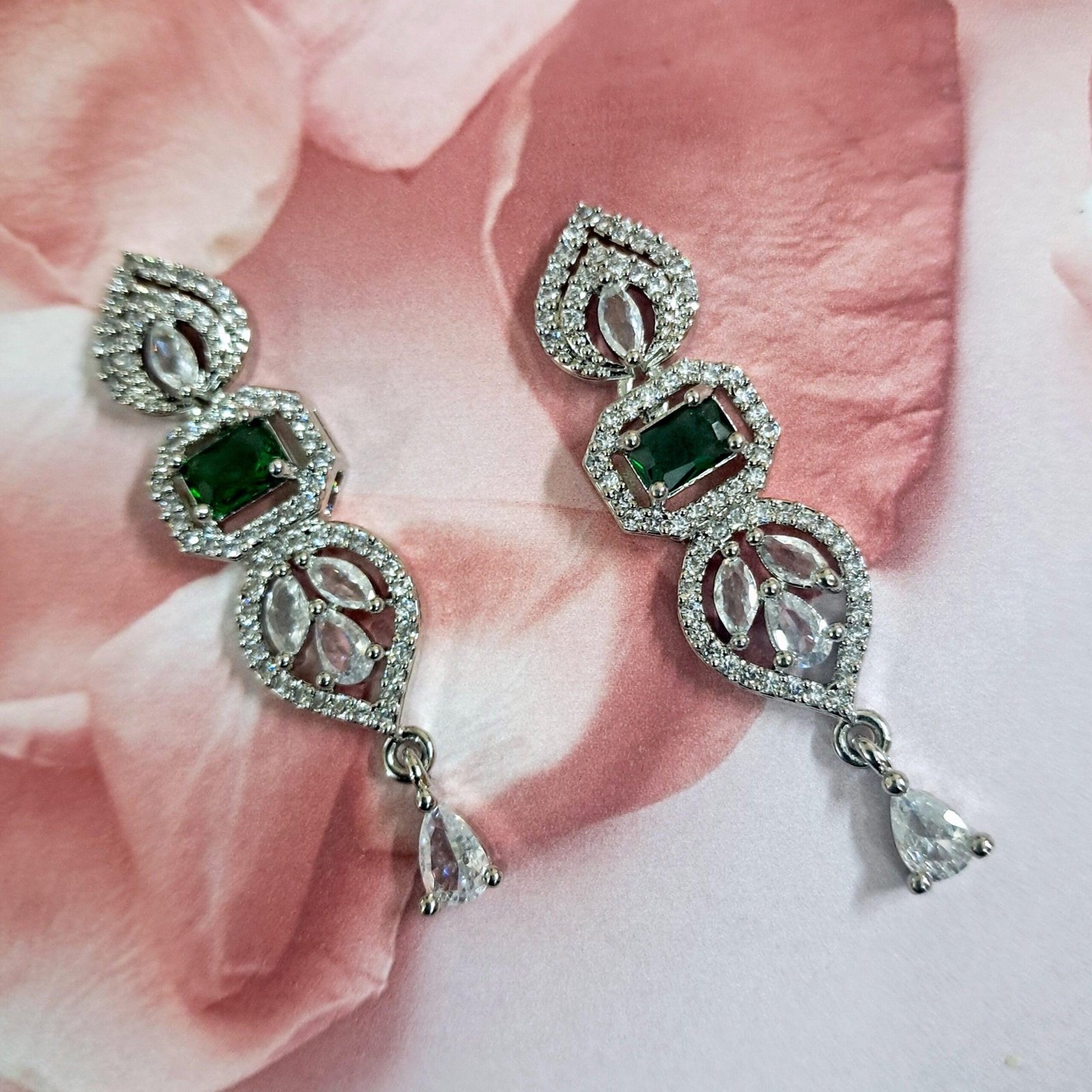 Green Stone with American Diamond Drop Earring - Image 3