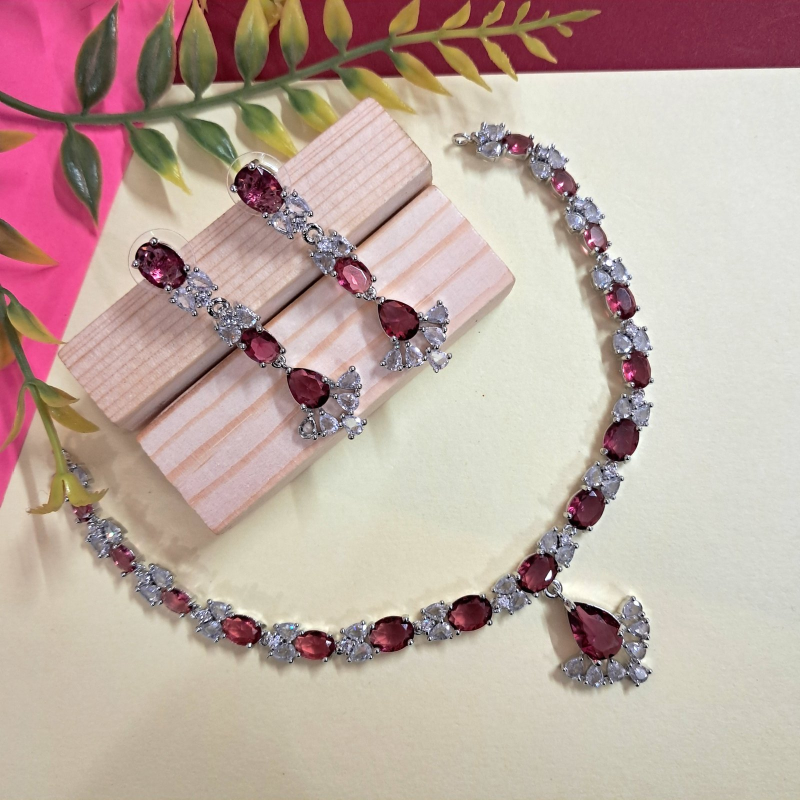Silver Plated American Diamond Necklace Sets With Pink Stone - Image 3
