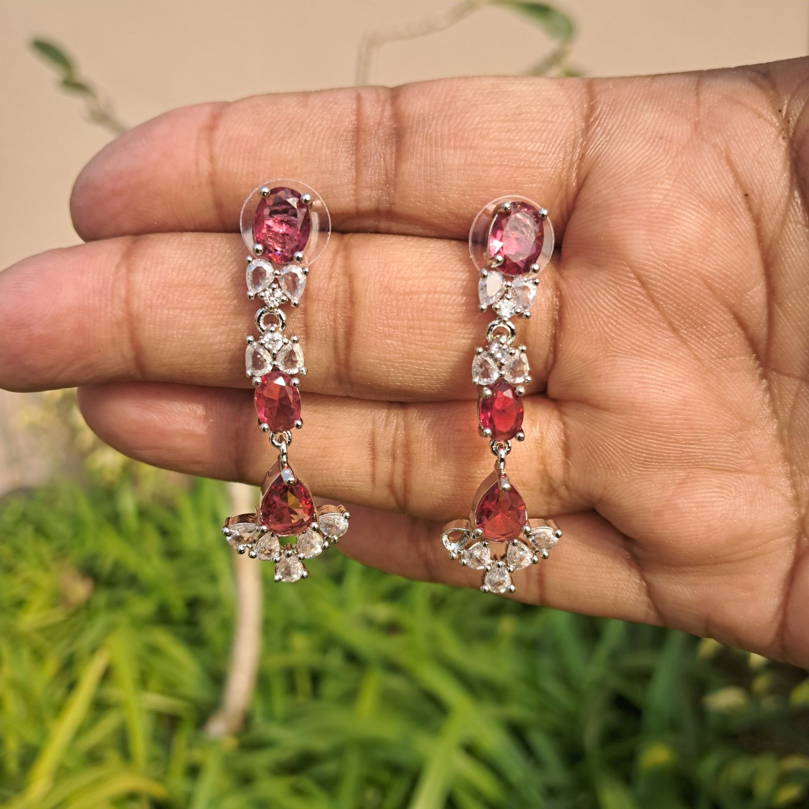 Silver Plated American Diamond Necklace Sets With Pink Stone - Image 4