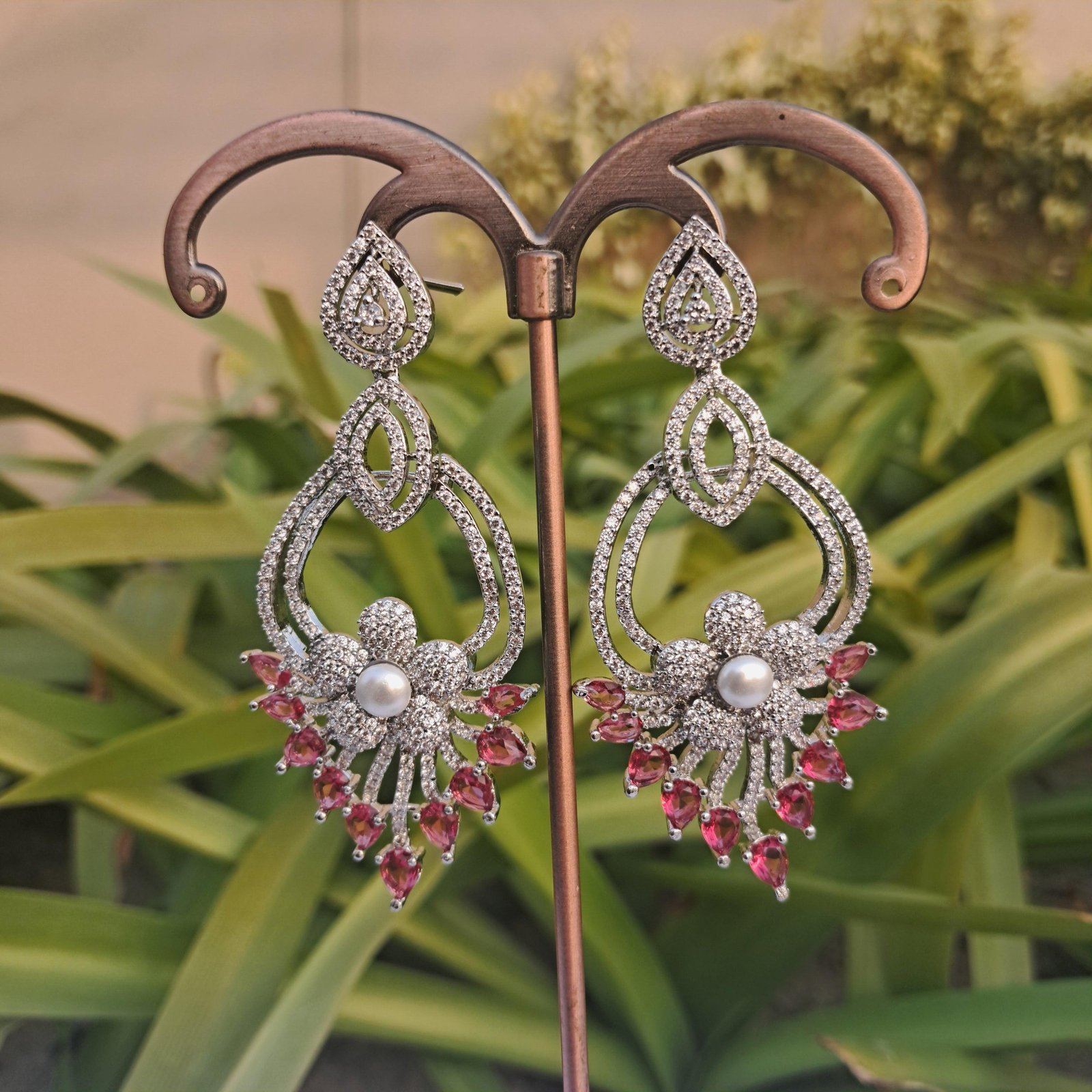 Pink American Diamond Studded Crystal Brass Drops & Danglers - Image 6