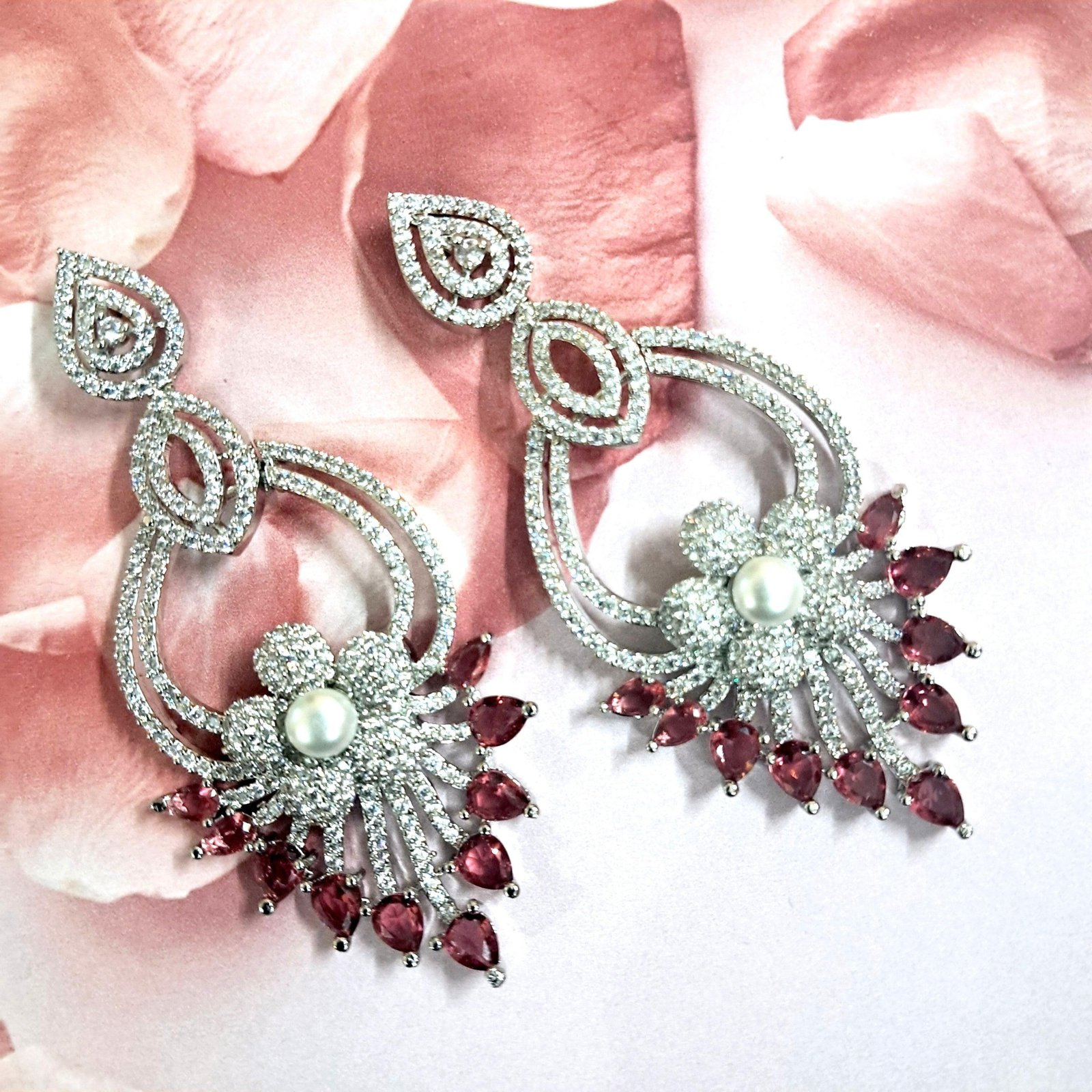 Pink American Diamond Studded Crystal Brass Drops & Danglers - Image 4