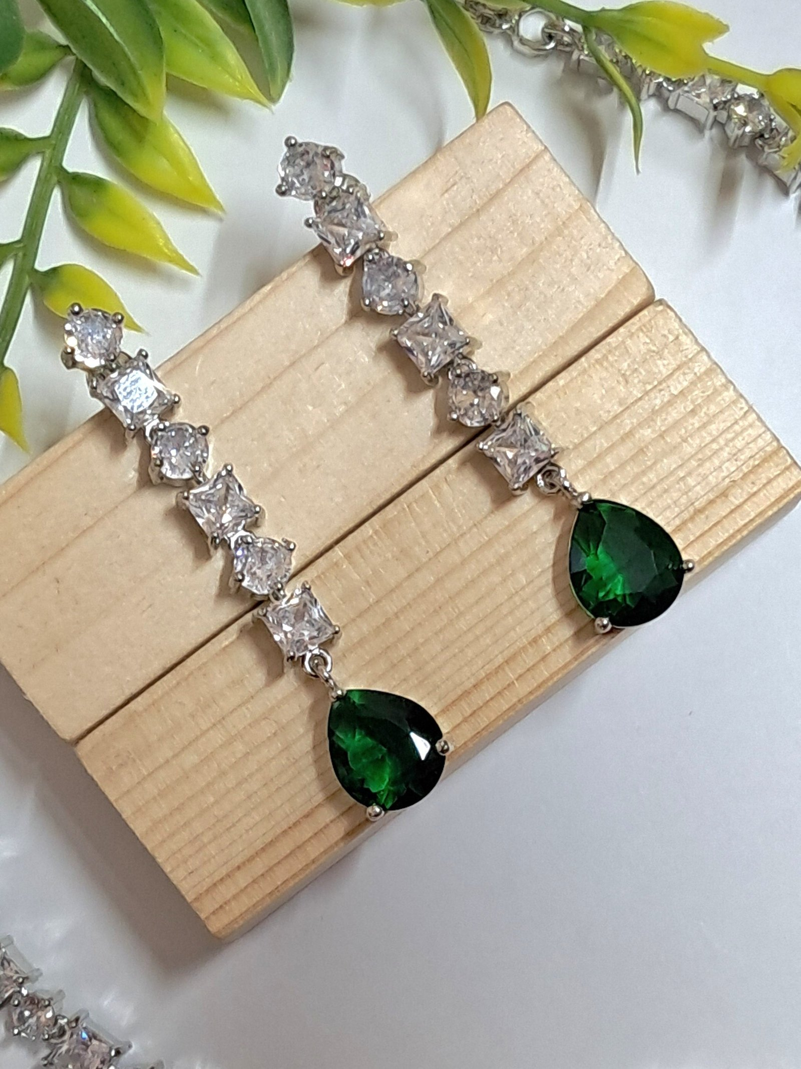 Silver Plated American Diamond Necklace Sets With Green Stone - Image 3