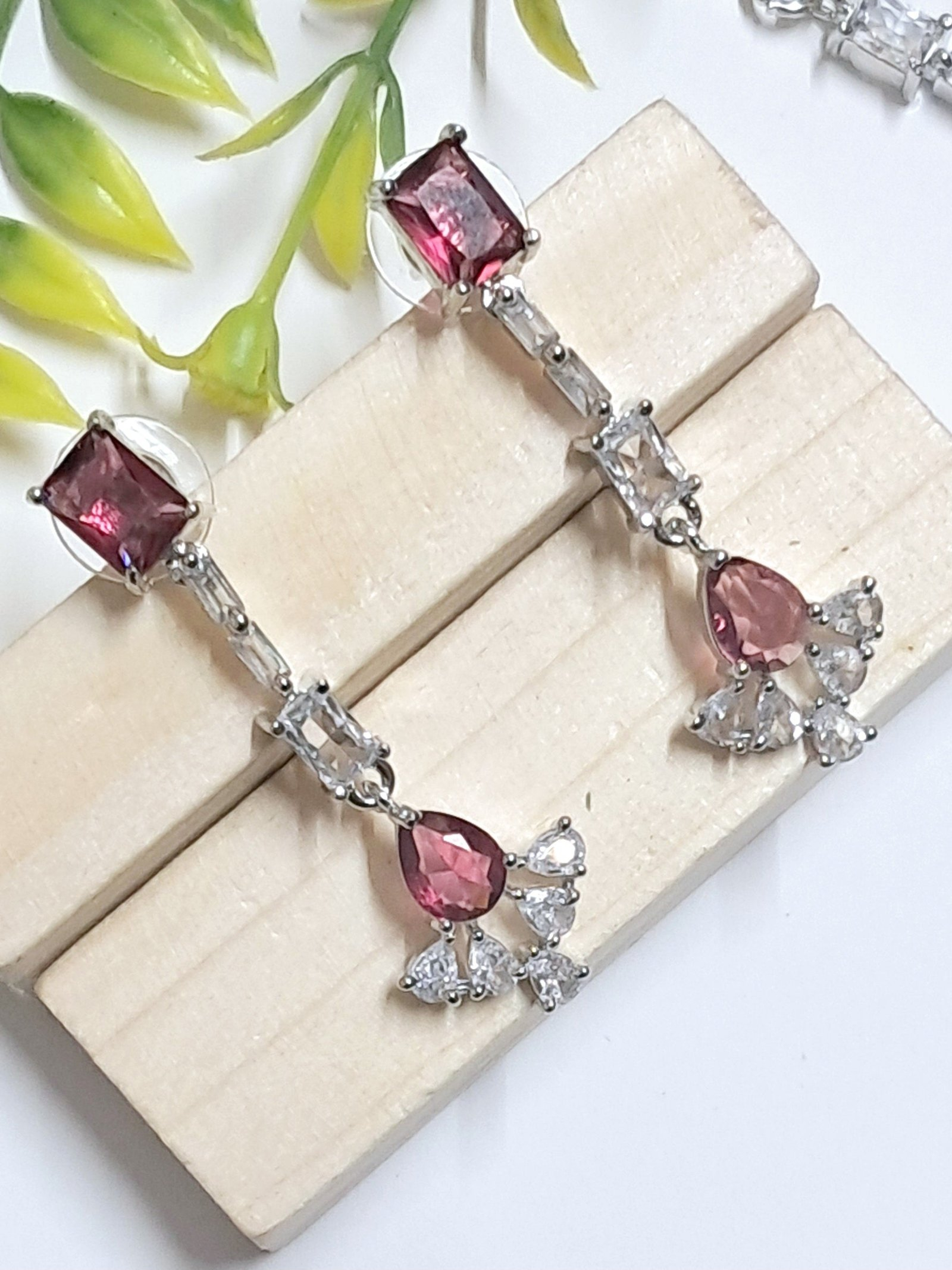 Silver Plated American Diamond Necklace Sets With Pink Stone - Image 3