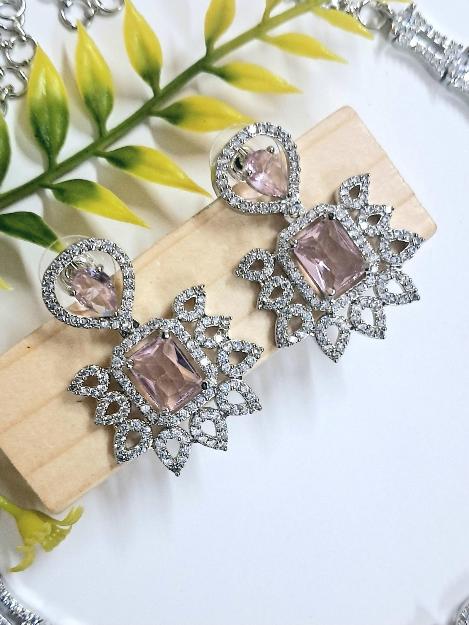 Silver Plated American Diamond Necklace Sets Aqua Pink - Image 3