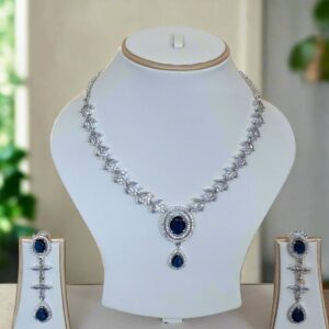 Silver Plated American Diamond Necklace Sets With Blue Stone