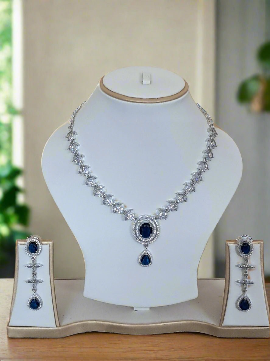 Silver Plated American Diamond Necklace Sets With Blue Stone