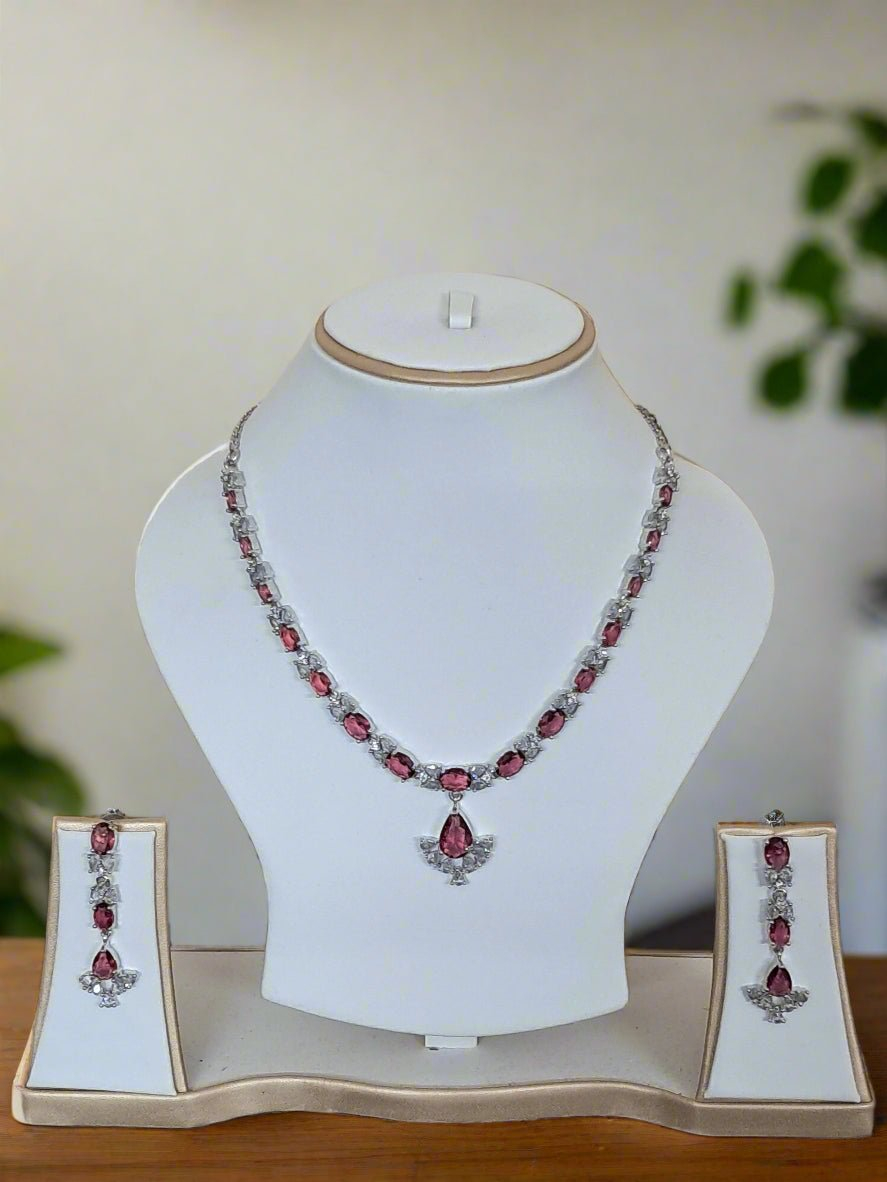 Silver Plated American Diamond Necklace Sets With Pink Stone