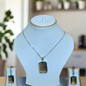 Pendant Set Smoky Yellow and CZ studded with Earrings and silver Plated chain