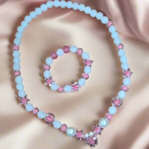 Alternative view of White Pink Glass Beads Necklace and Bracelet Set for Girls