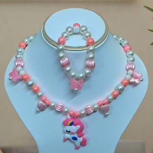 Pink Pearl Beaded Unicorn Necklace and Bracelet Set for Girls