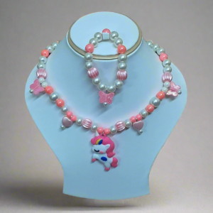 Alternative view of Pink Pearl Beaded Unicorn Necklace and Bracelet Set for Girls