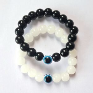 Evil Eye Black and White Glass Beads Bracelet , Stretchable Nazariya Charms  2 Pieces