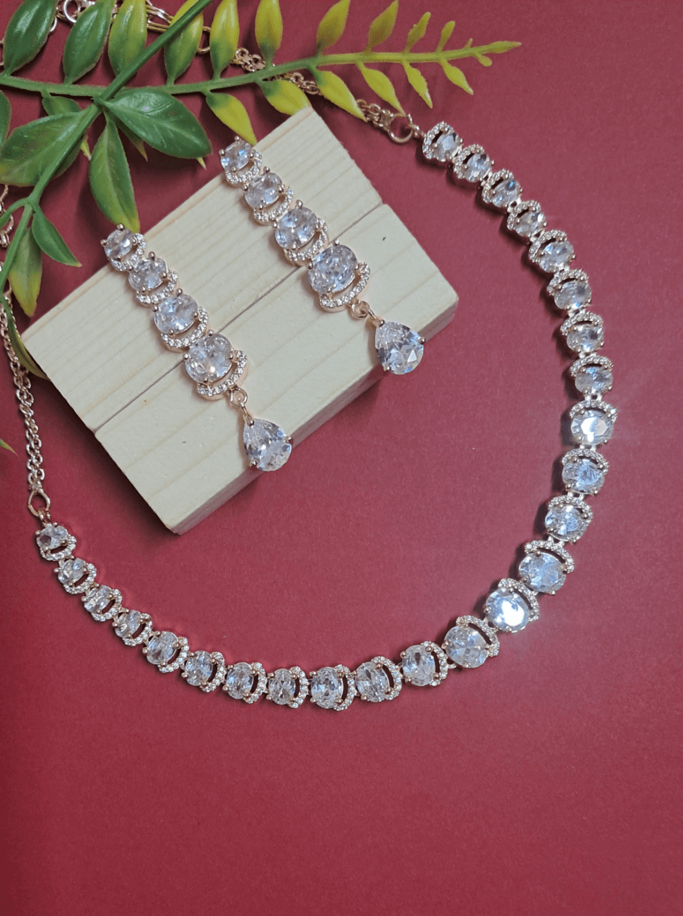 Rose Gold Plated American Diamond Necklace Sets With White Stone - Image 4