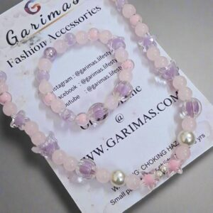 Purple Pink Glass Beads Necklace and Bracelet Set for Girls