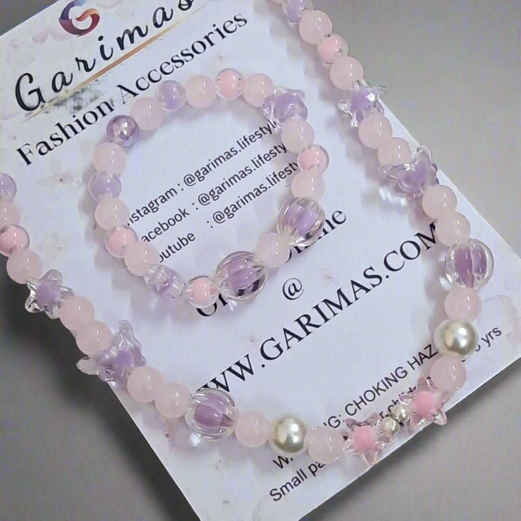 Purple Pink Glass Beads Necklace and Bracelet Set for Girls