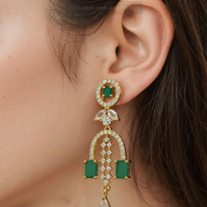 Gold Plated Green Stone with American Diamond Earring