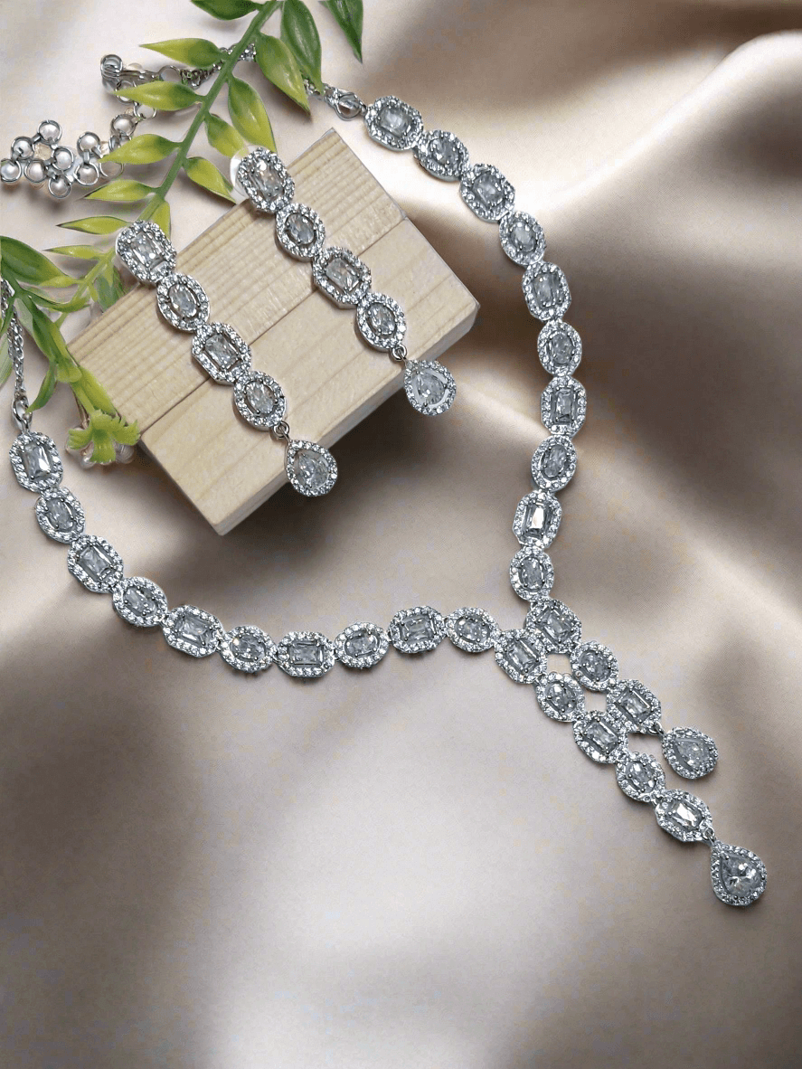 Silver Plated American Diamond Necklace Sets With White Stone - Image 2