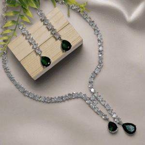 Alternative view of Silver Plated American Diamond Necklace Sets With Green Stone