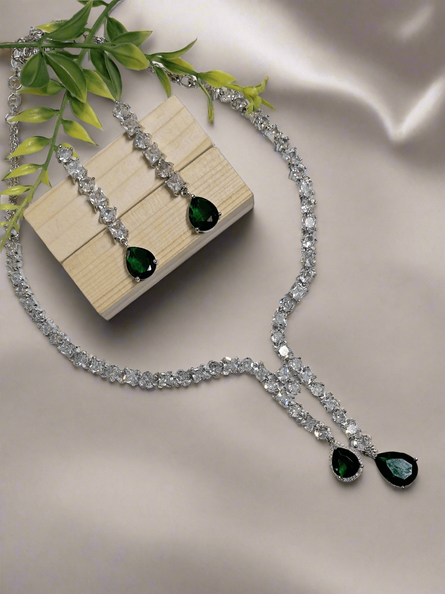 Silver Plated American Diamond Necklace Sets With Green Stone - Image 2