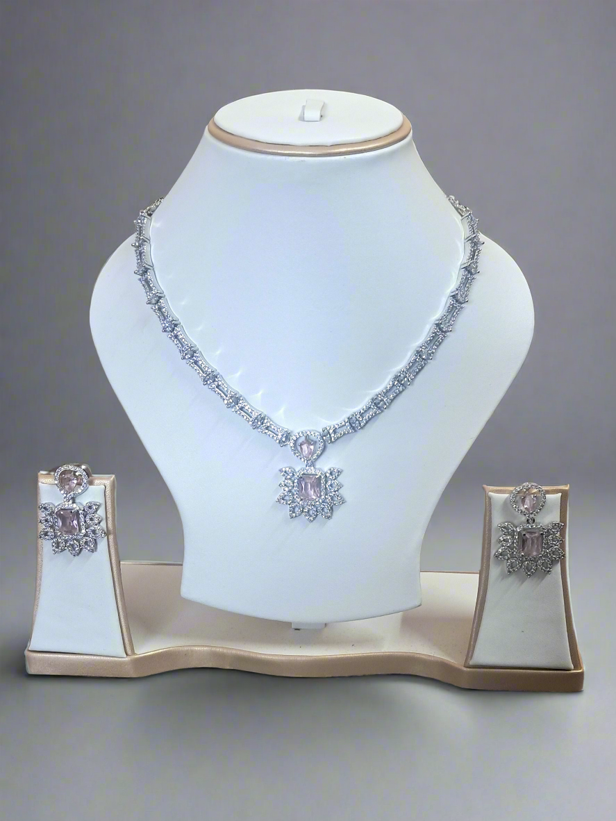 Silver Plated American Diamond Necklace Sets Aqua Pink - Image 4