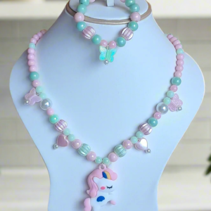Green and Pink Beads Necklace and Bracelet Set for Girls