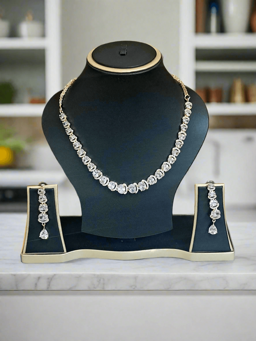 Rose Gold Plated American Diamond Necklace Sets With White Stone - Image 5