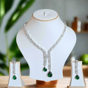 Silver Plated American Diamond Necklace Sets With Green Stone