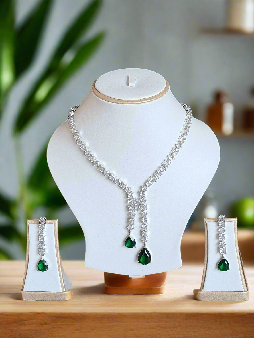 Silver Plated American Diamond Necklace Sets With Green Stone