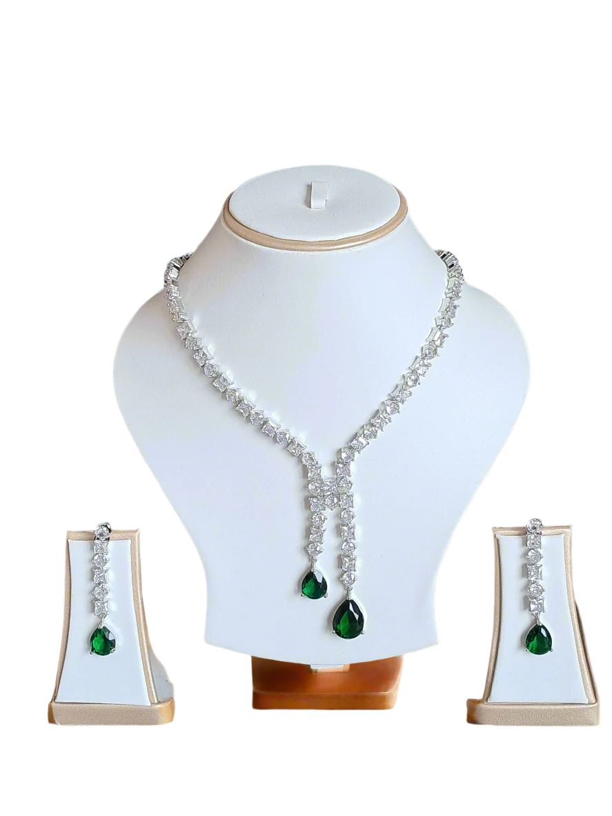 Silver Plated American Diamond Necklace Sets With Green Stone - Image 5