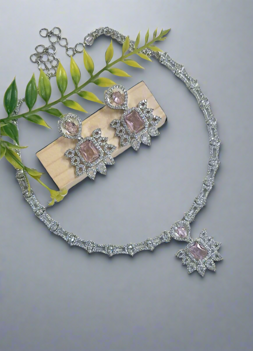 Silver Plated American Diamond Necklace Sets Aqua Pink - Image 2