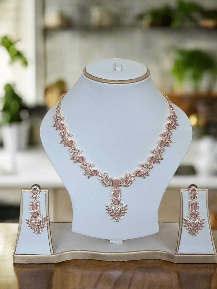 Rose Gold Plated American Diamond Necklace Sets With Pink Stone - Image 4