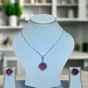 Alternative view of Rhodium-Plated Ruby & CZ Studded Pendant Necklace Set
