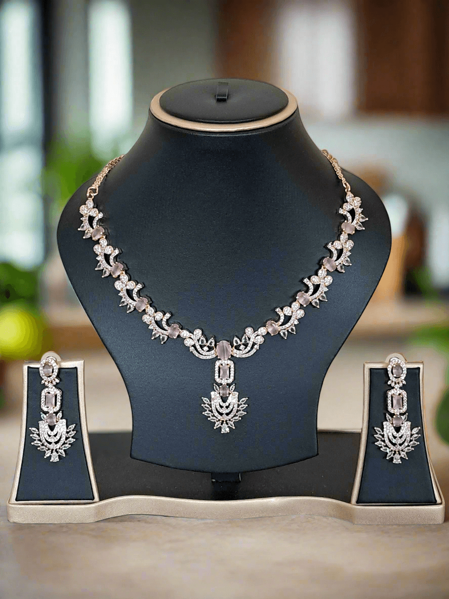 Rose Gold Plated American Diamond Necklace Sets With Pink Stone